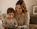 Mama bawi się z dzieckiem na kanapie w salonie